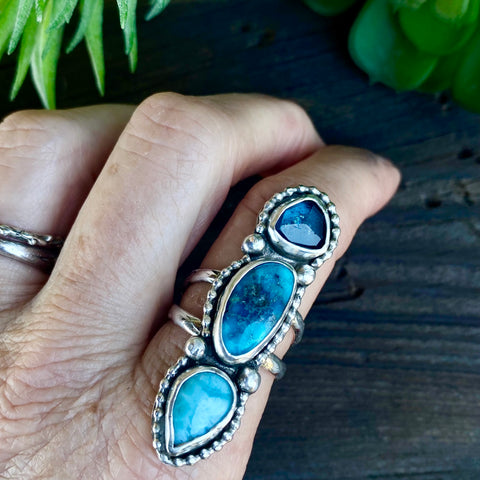 Sterling Silver Triple Stone Totem Ring - Turquoise, Larimar And Kyanite
