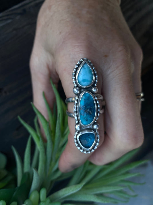 Sterling Silver Triple Stone Totem Ring - Turquoise, Larimar And Kyanite