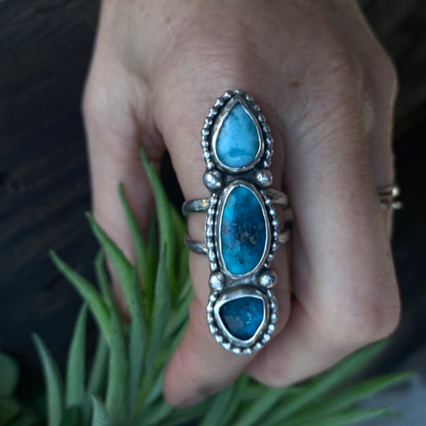 Sterling Silver Triple Stone Totem Ring - Turquoise, Larimar And Kyanite