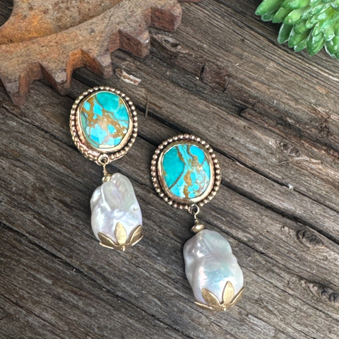 Turquoise Treasure Pearl Earrings - 14k Gold-Filled Kingman Turquoise And Baroque Freshwater Pearl Drop Earrings