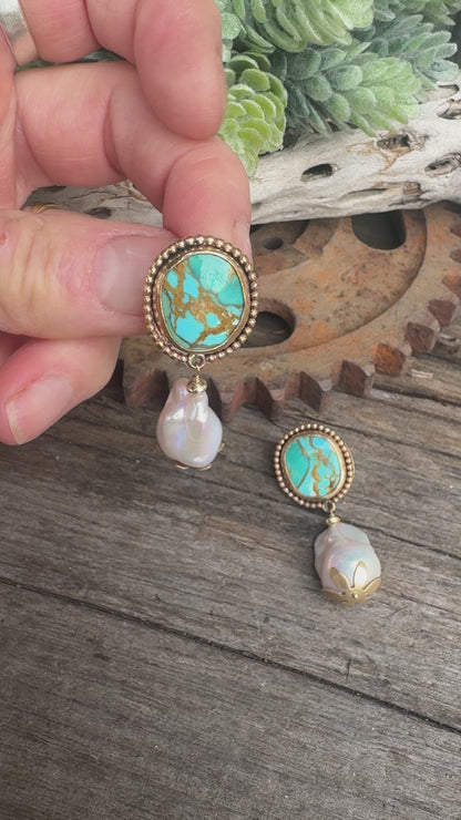 Turquoise Treasure Pearl Earrings - 14k Gold-Filled Kingman Turquoise And Baroque Freshwater Pearl Drop Earrings