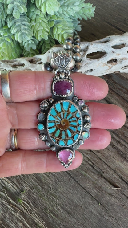 Desert Bloom Necklace - Turquoise Inlay Ammonite Sterling Silver With Sapphires Opal Kunzite Navajo Pearl