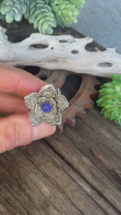 Sterling Lotus Flower Statement Ring with Lapis Center