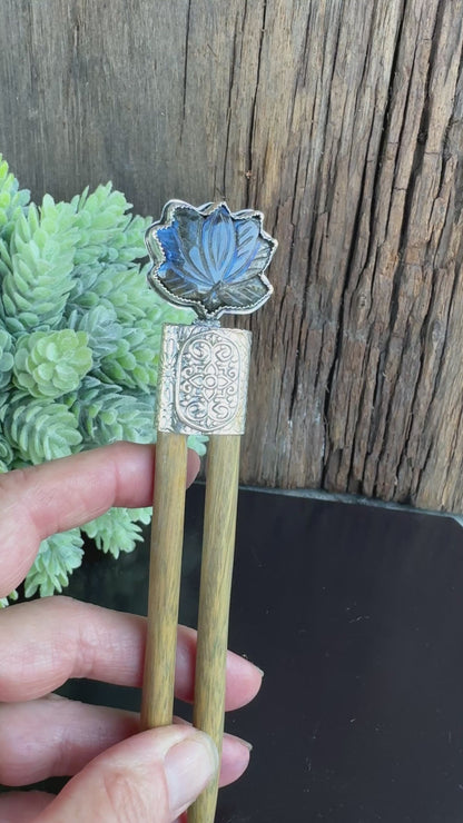 Carved Lotus Flower Labradorite Hair Stick