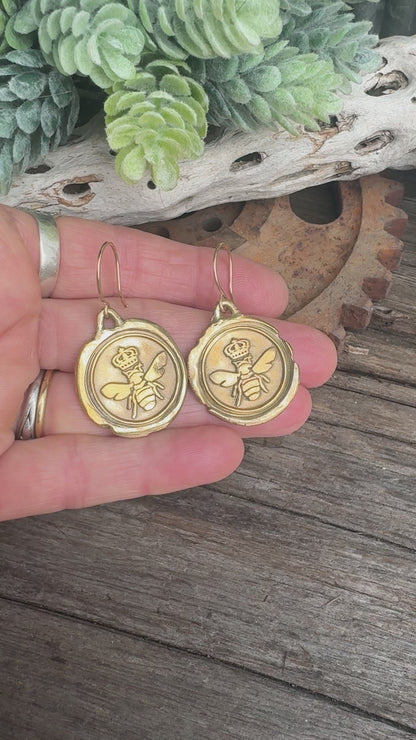Golden Queen Bee Earrings - Gold Bronze 14k Gold Filled Queen Bee Wax Seal Earrings