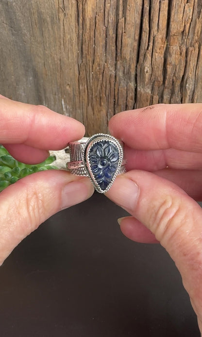 Sapphire Rose Spinner Ring - Blue Hand Carved Sapphire And Recycled Sterling Silver.