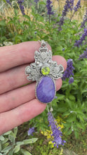 Load and play video in Gallery viewer, The Scottish Thistle Pendant - Charoite, Peridot And Sterling Silver
