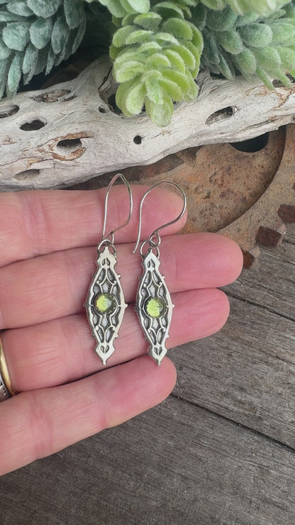 Looking Glass Peridot Earrings - Ornate Sterling Silver And Genuine Peridot Gemstone Dangle Earrings