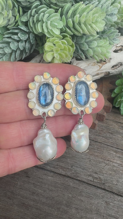 Moonlit Pearl Earrings - Sterling Silver Kyanite Opal And Freshwater Pearl Cluster Post Earrings