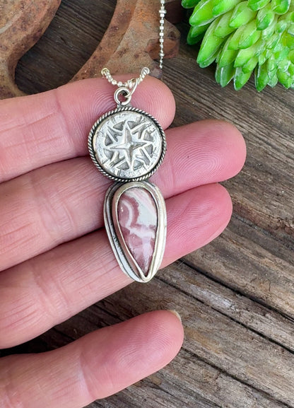 The Wanderer Necklace - Sterling Silver Rhodochrosite Compass Rose Pendant