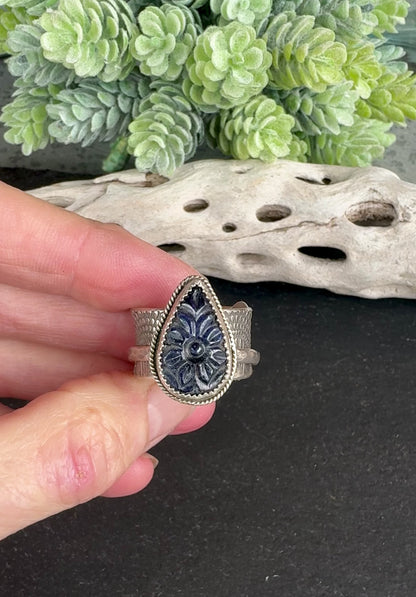 Sapphire Rose Spinner Ring - Blue Hand Carved Sapphire And Recycled Sterling Silver.