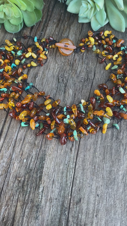 Delightful Necklace - Turquoise, Amber And Citrine Floating Gemstone Necklace -  9 Strand