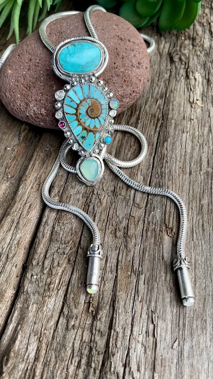 Turquoise Inlay Ammonite With Kingman Turquoise, Green Chalcedony, Opal And Ruby Bolo  Style Necklace - Bolo Tie