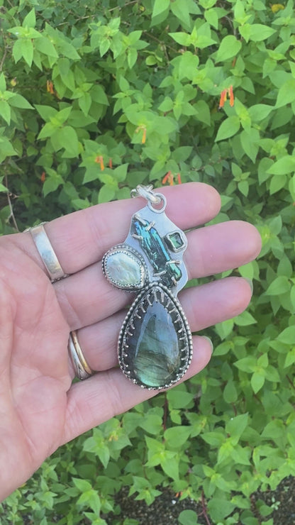 The Mermaid Necklace - Sterling Silver Labradorite, Freshwater Pearls & Green Tourmaline Statement Necklace