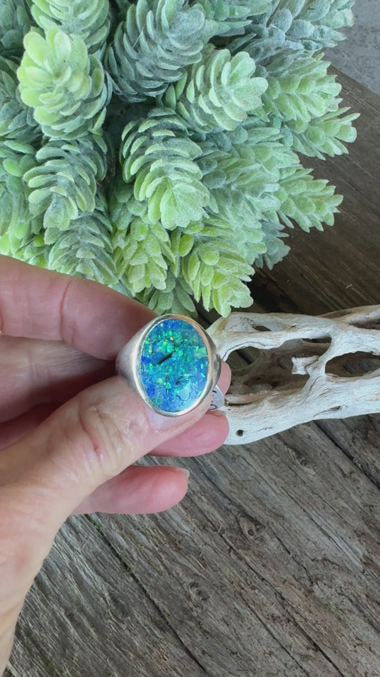 Neptunes Seal Signet Ring - Sterling Silver And Crushed Blue Opal Inlay