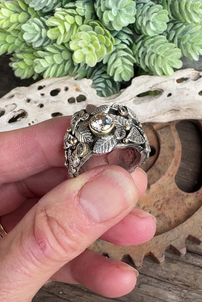 Garden of Eden Ring, Sterling Silver & 14k Yellow Gold With Moissanite