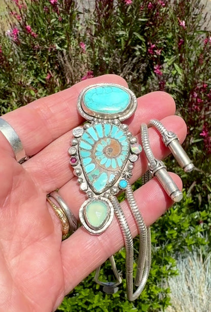 Turquoise Inlay Ammonite With Kingman Turquoise, Green Chalcedony, Opal And Ruby Bolo  Style Necklace - Bolo Tie