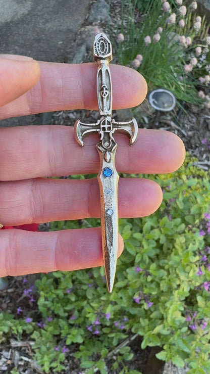 Dagger Necklace - Gold Bronze Dagger With Sapphire And Topaz.