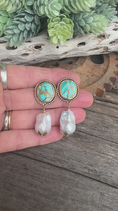 Turquoise Treasure Pearl Earrings - 14k Gold-Filled Kingman Turquoise And Baroque Freshwater Pearl Drop Earrings