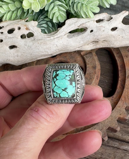 Turquoise Stronghold  Ring - Sterling Silver Turquoise Soaring Eagle Men's Style Ring