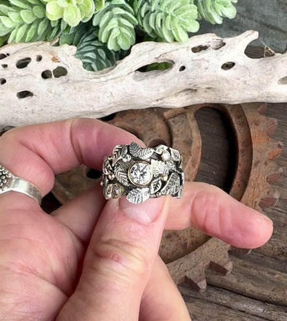 Garden of Eden Ring, Sterling Silver & 14k Yellow Gold With Moissanite