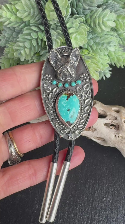 The Laney Wilson Kingman Turquoise French Bulldog Bolo Tie - Handcrafted Sterling Silver & Kingman Turquoise Bolo Tie
