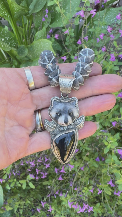The Night Prowler Necklace- Sterling Silver, Agate, Water Buffalo Bone & Mr. Racoon