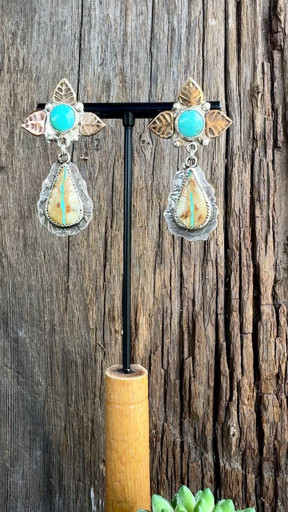 Royston Ribbon Turquoise Autumn Earrings Mixed Metal - Sterling Silver & 14k Gold- Filled.