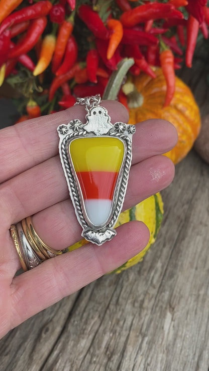 Sterling Silver Fused Glass Candy Corn Halloween Theme Necklace