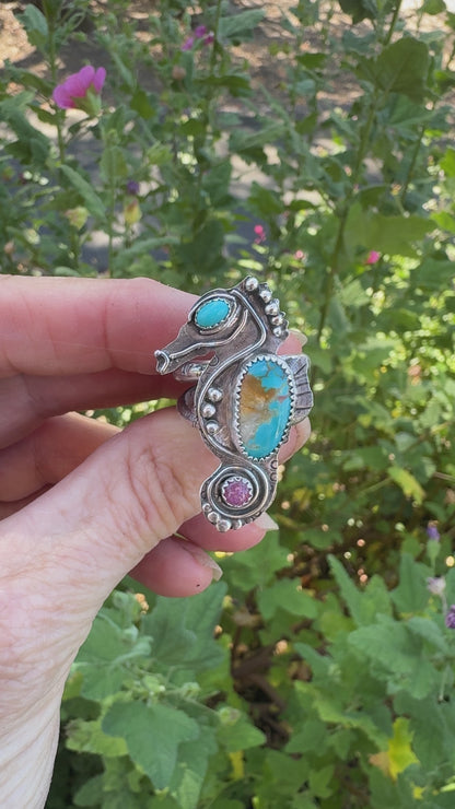 Turquoise Tide-Pool Cowgirl Ring - Seahorse Ring With Turquoise And Tourmaline