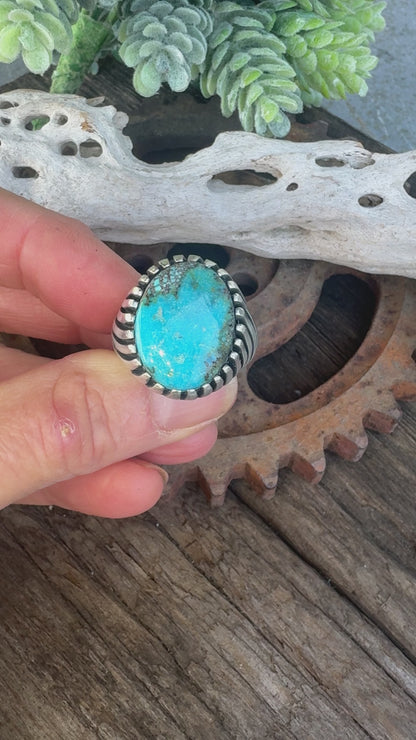 On The Ridge Top Ring - Sterling Silver Kingman Turquoise Swirled Ridge Signet Style Men's Ring