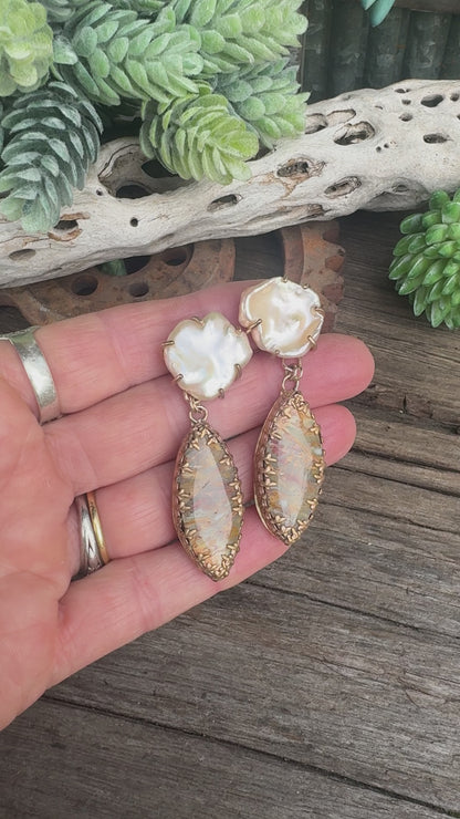 Desert Sunset Pearl Earrings - 14k Gold Filled Freshwater Peach Pearls And Rattlesnake Jasper Drop Earrings