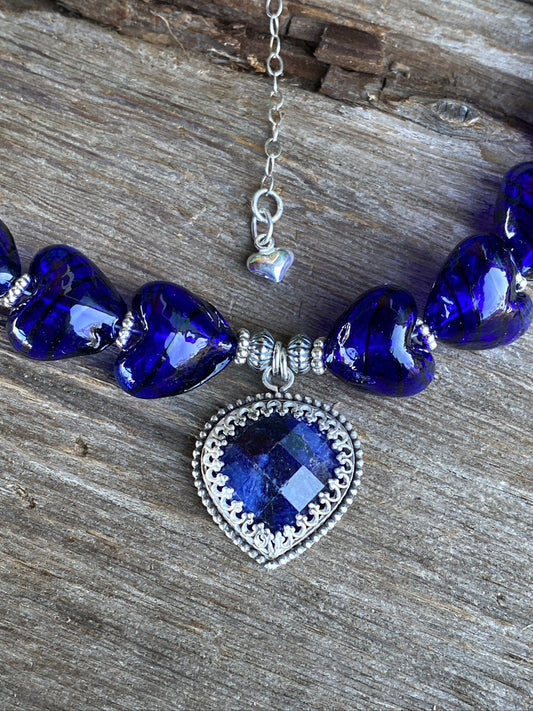 Sterling Silver Deep Blue Sodalite And Hand Blown Glass Necklace