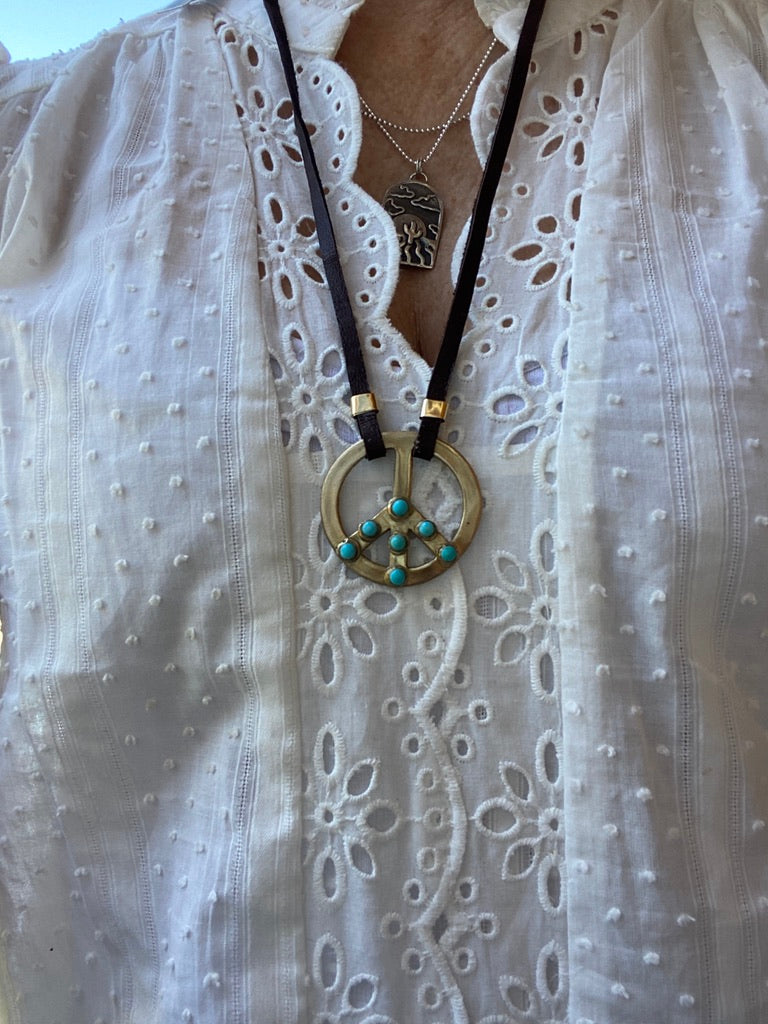 Gold Bronze And Turquoise PEACE Sign Choker Pendant On Brown Leather With 14k Gold Fill