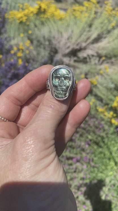 Carved Labradorite And Sterling Silver Skull Ring