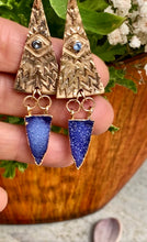 Load image into Gallery viewer, Amethyst Druzy And Gold Bronze Hieroglyphic Textured Earrings
