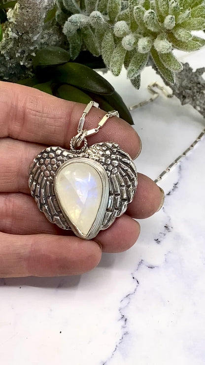 Sterling Silver And Rainbow Moonstone Angel Wing Necklace