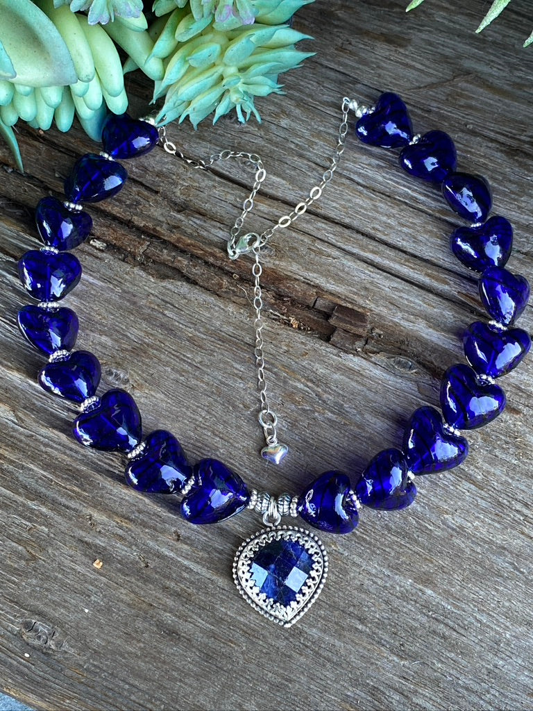 Sterling Silver Deep Blue Sodalite And Hand Blown Glass Necklace