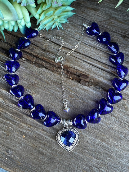 Sterling Silver Deep Blue Sodalite And Hand Blown Glass Necklace