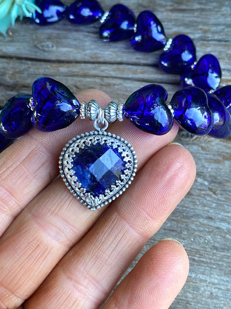 Sterling Silver Deep Blue Sodalite And Hand Blown Glass Necklace