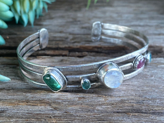 Multiple Gemstone And Sterling Silver Cuff Bracelet With Rainbow Moonstone, Pink And Green Tourmaline, Florite, Emerald - Voice Of The Ocean Cuff