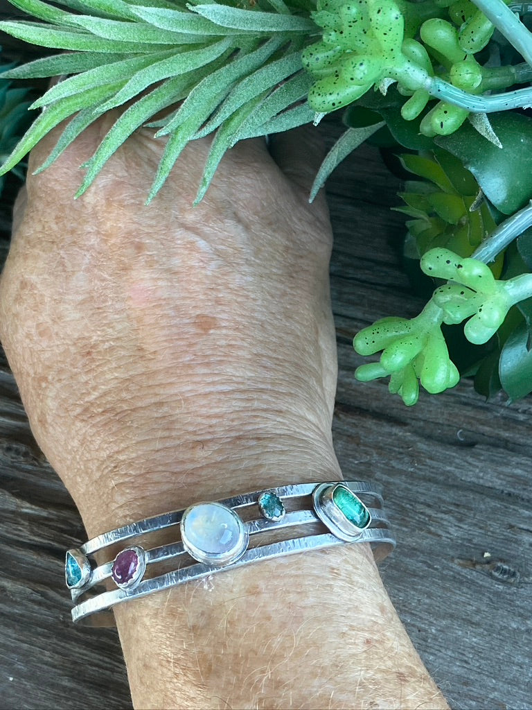 Multiple Gemstone And Sterling Silver Cuff Bracelet With Rainbow Moonstone, Pink And Green Tourmaline, Florite, Emerald - Voice Of The Ocean Cuff