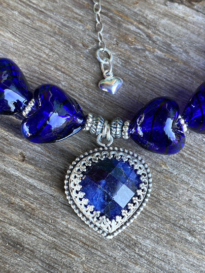 Sterling Silver Deep Blue Sodalite And Hand Blown Glass Necklace
