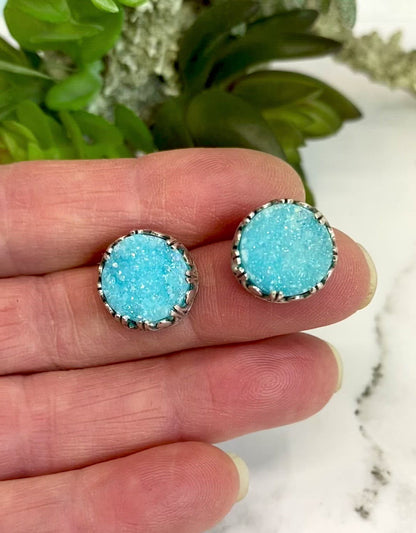 Sky Blue Quartz Druzy And Sterling Silver Post Earrings.