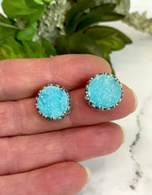 Load and play video in Gallery viewer, Sky Blue Quartz Druzy And Sterling Silver Post Earrings.
