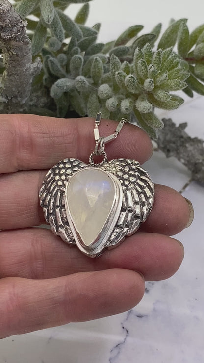 Sterling Silver And Rainbow Moonstone Angel Wing Necklace