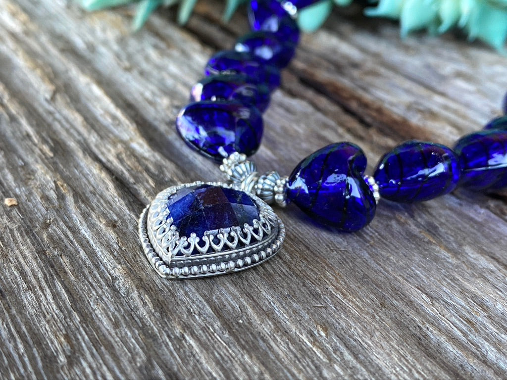 Sterling Silver Deep Blue Sodalite And Hand Blown Glass Necklace