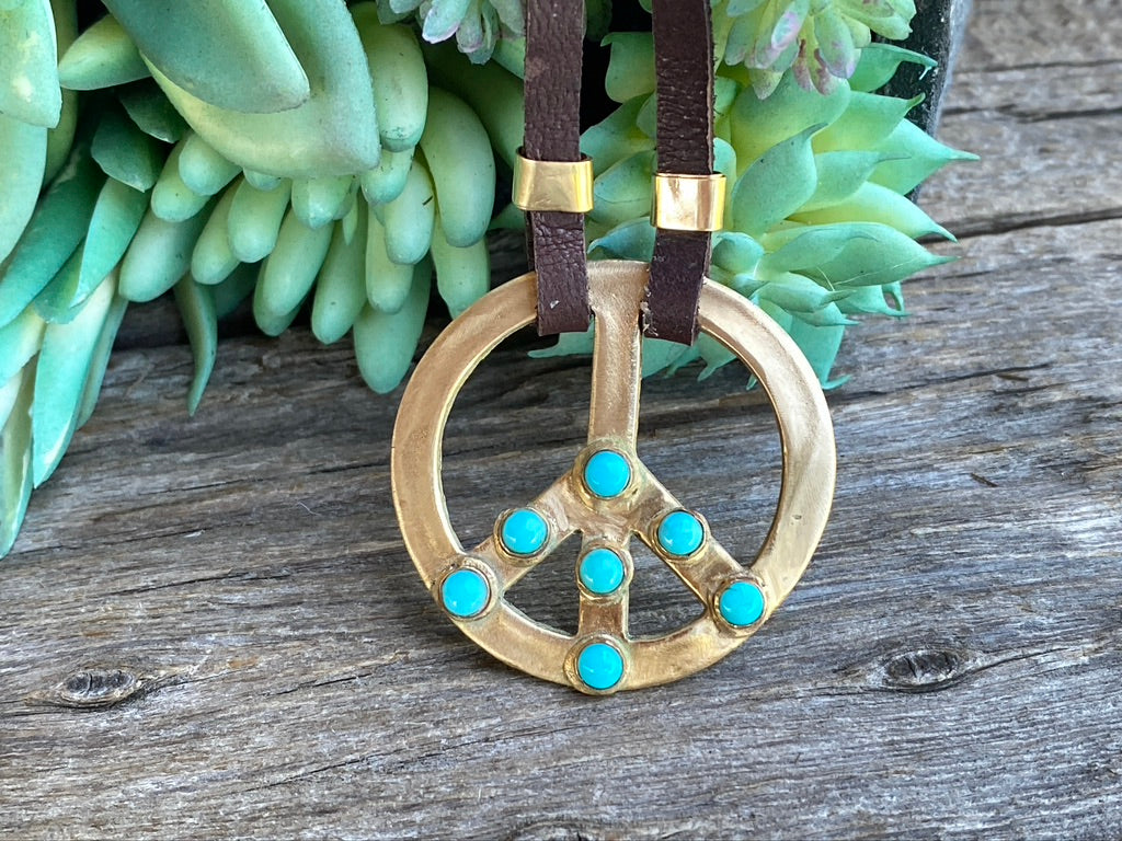 Gold Bronze And Turquoise PEACE Sign Choker Pendant On Brown Leather With 14k Gold Fill