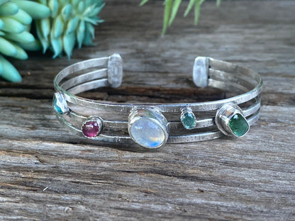 Multiple Gemstone And Sterling Silver Cuff Bracelet With Rainbow Moonstone, Pink And Green Tourmaline, Florite, Emerald - Voice Of The Ocean Cuff