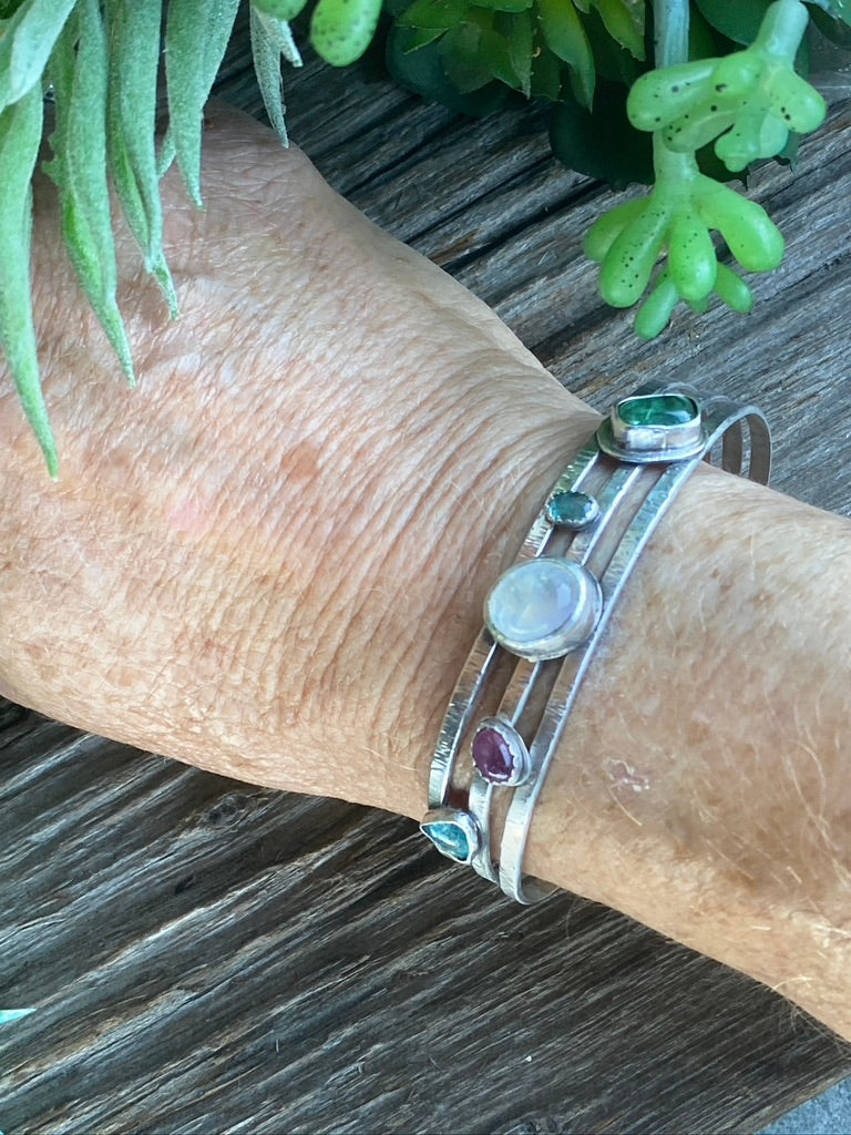Multiple Gemstone And Sterling Silver Cuff Bracelet With Rainbow Moonstone, Pink And Green Tourmaline, Florite, Emerald - Voice Of The Ocean Cuff